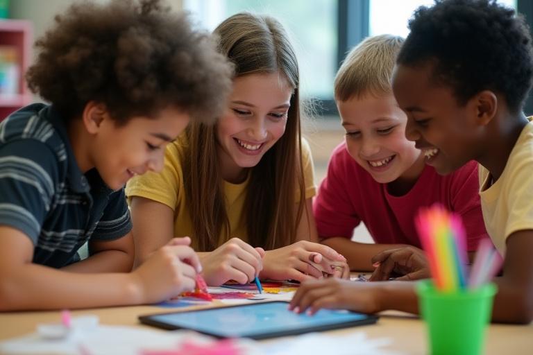 A diverse group of middle school students collaborating and smiling while working on a project, with colorful educational materials around them.
